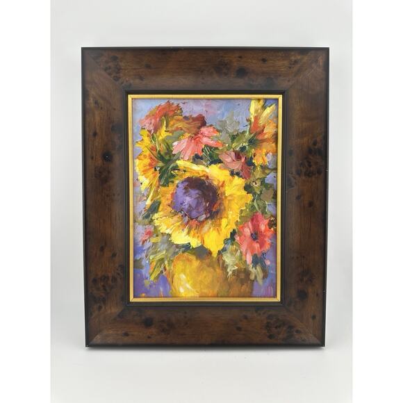 Vintage Oil Painting of Sunflowers Impressionistic Custom Wood Frame 7.5"x 5.75" - Picture 2 of 8